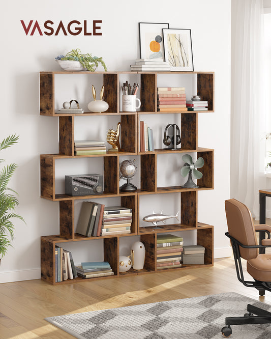 Bookshelf, 5-Tier Bookcase, Tall Display Shelf, Freestanding Storage Shelf, Room Divider Rustic Brown