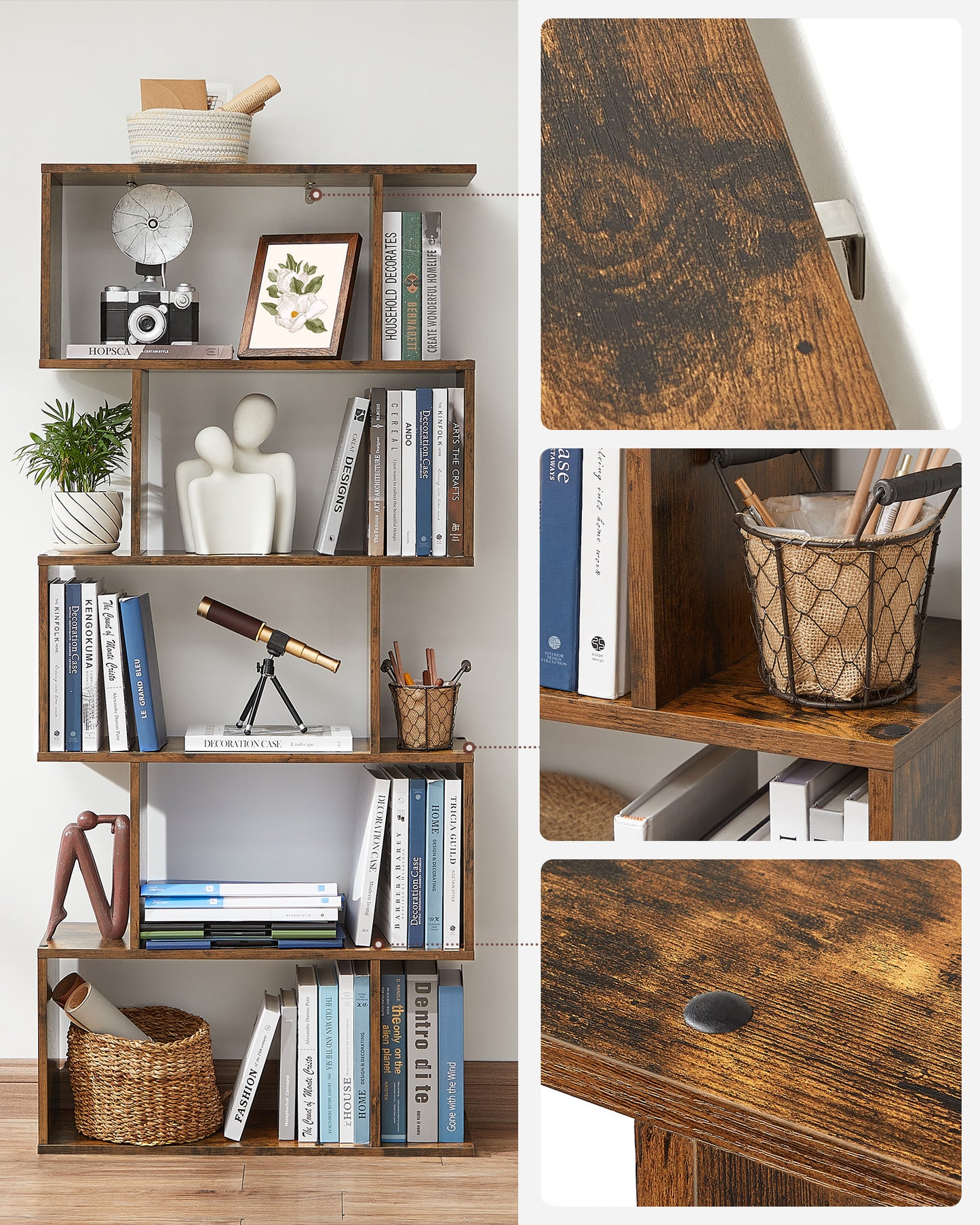 Standing Bookcase, 5-Tier Bookshelf, Decorative Storage Shelving