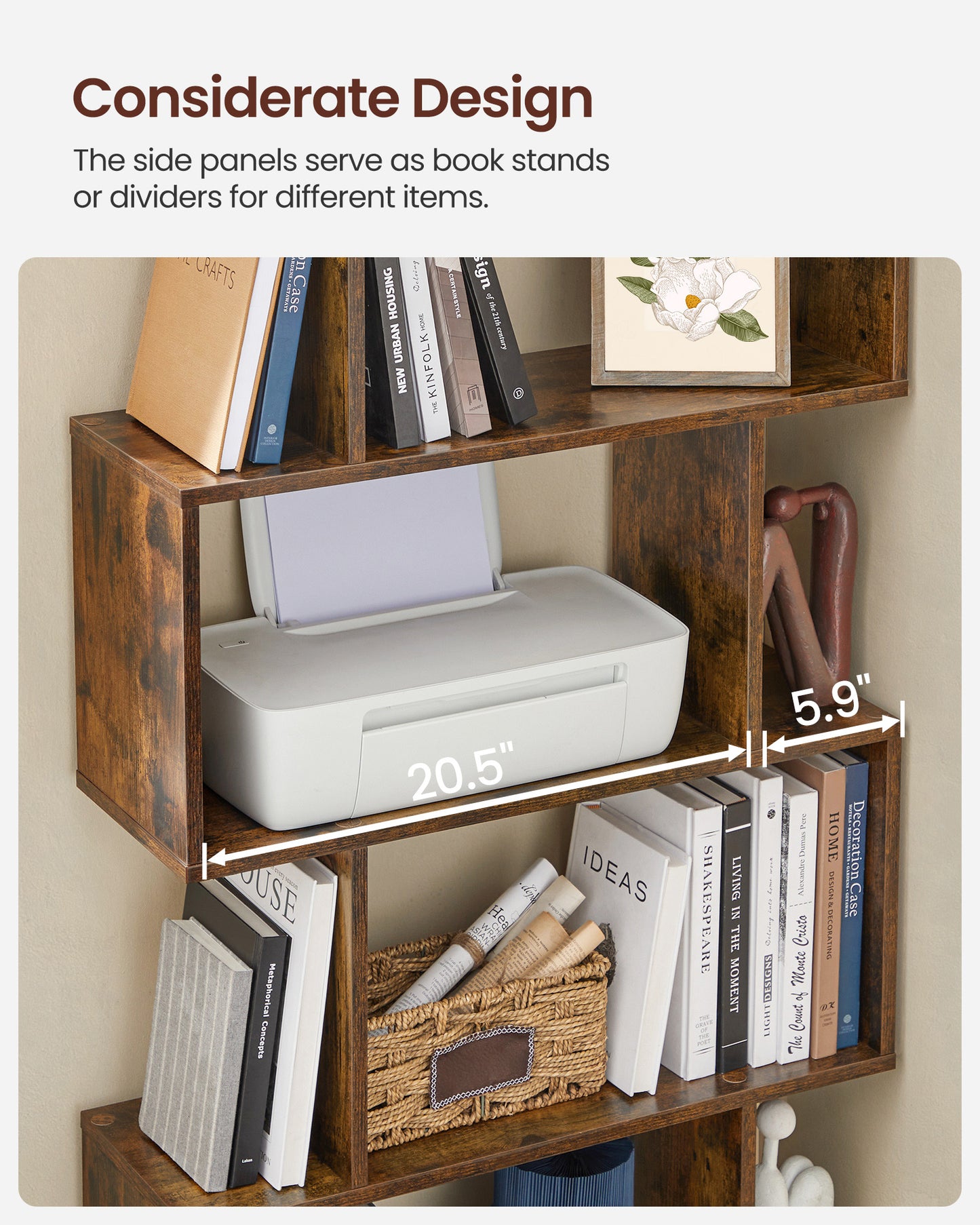 Standing Bookcase, 5-Tier Bookshelf, Decorative Storage Shelving