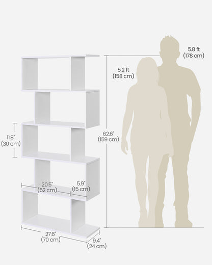 VASAGLE Bookshelf, 5-Tier Bookcase, Tall Display Shelf, Freestanding Storage Shelf, Room Divider White