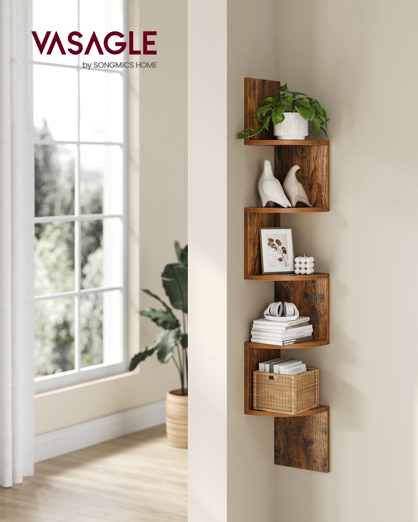 VASAGLE Corner Shelf, 5-Tier Floating Wall Shelf Rustic Brown
