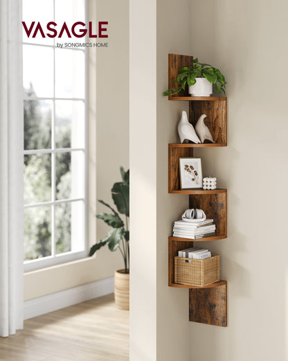 VASAGLE Corner Shelf, 5-Tier Floating Wall Shelf Rustic Brown