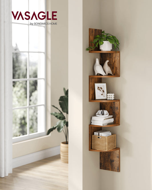 VASAGLE Corner Shelf, 5-Tier Floating Wall Shelf Rustic Brown