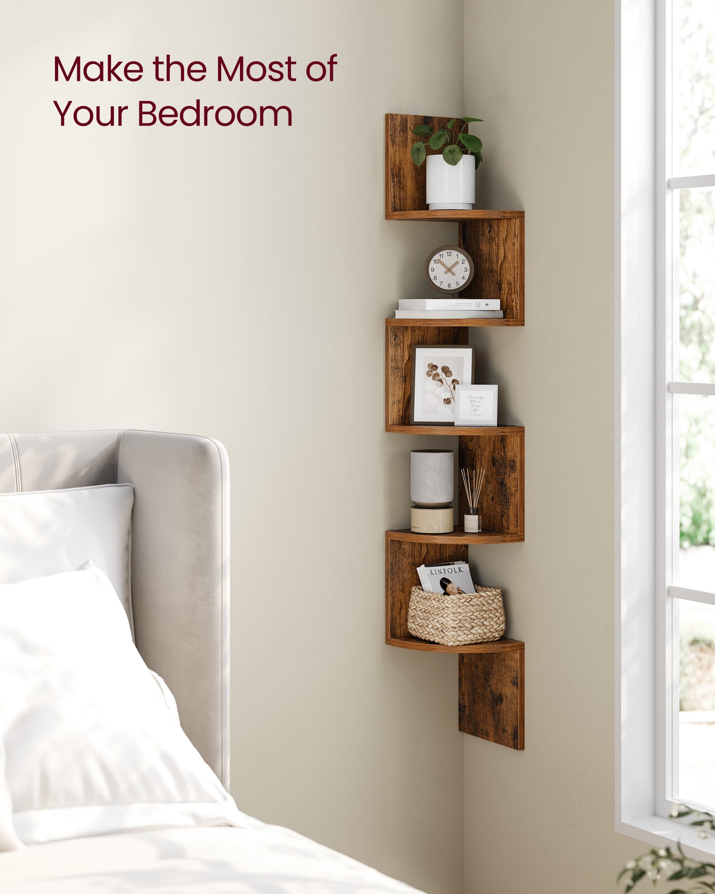 VASAGLE Corner Shelf, 5-Tier Floating Wall Shelf Rustic Brown