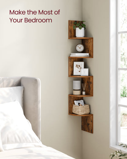 VASAGLE Corner Shelf, 5-Tier Floating Wall Shelf Rustic Brown