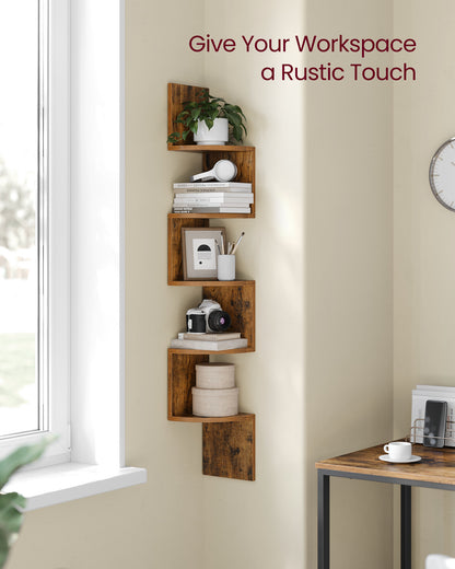 VASAGLE Corner Shelf, 5-Tier Floating Wall Shelf Rustic Brown