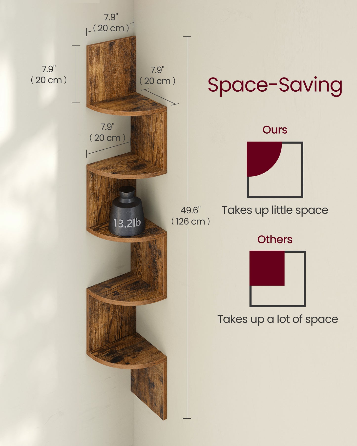 VASAGLE Corner Shelf, 5-Tier Floating Wall Shelf Rustic Brown