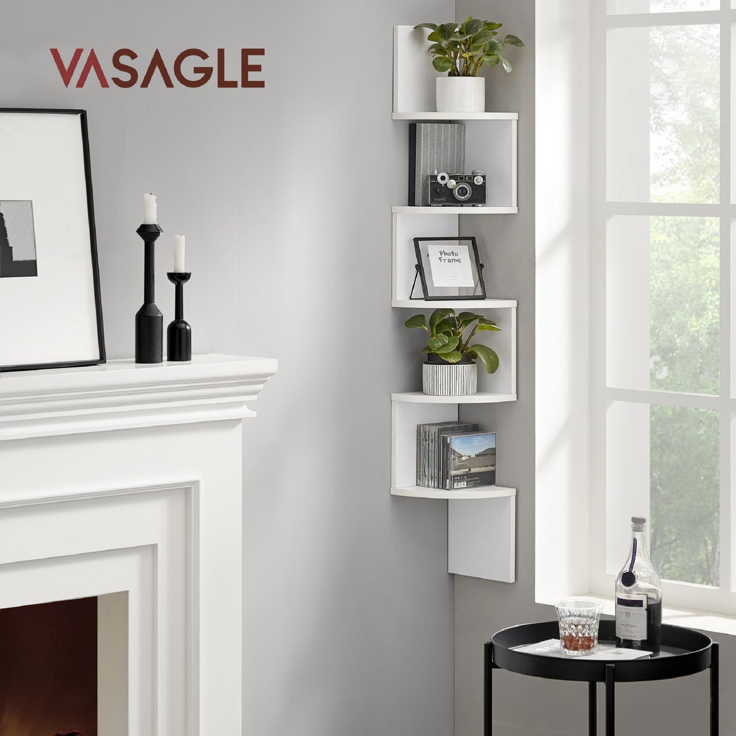 VASAGLE Corner Shelf, 5-Tier Floating Wall Shelf Plant Shelf White