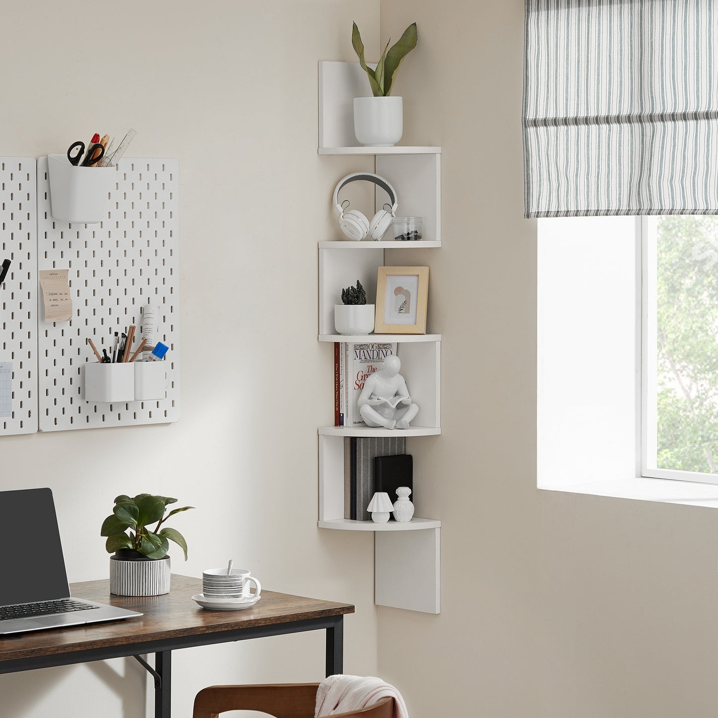 VASAGLE Corner Shelf, 5-Tier Floating Wall Shelf Plant Shelf White