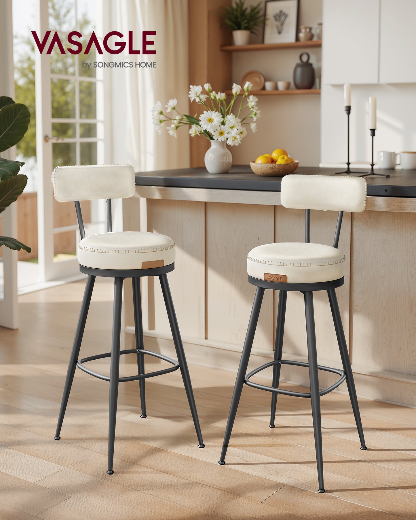Set of 2 Modern Bar Stools with Back, 30-Inch Swivel Counter Height Stools, PU Leather Upholstery, Cream White Mid-Century Design