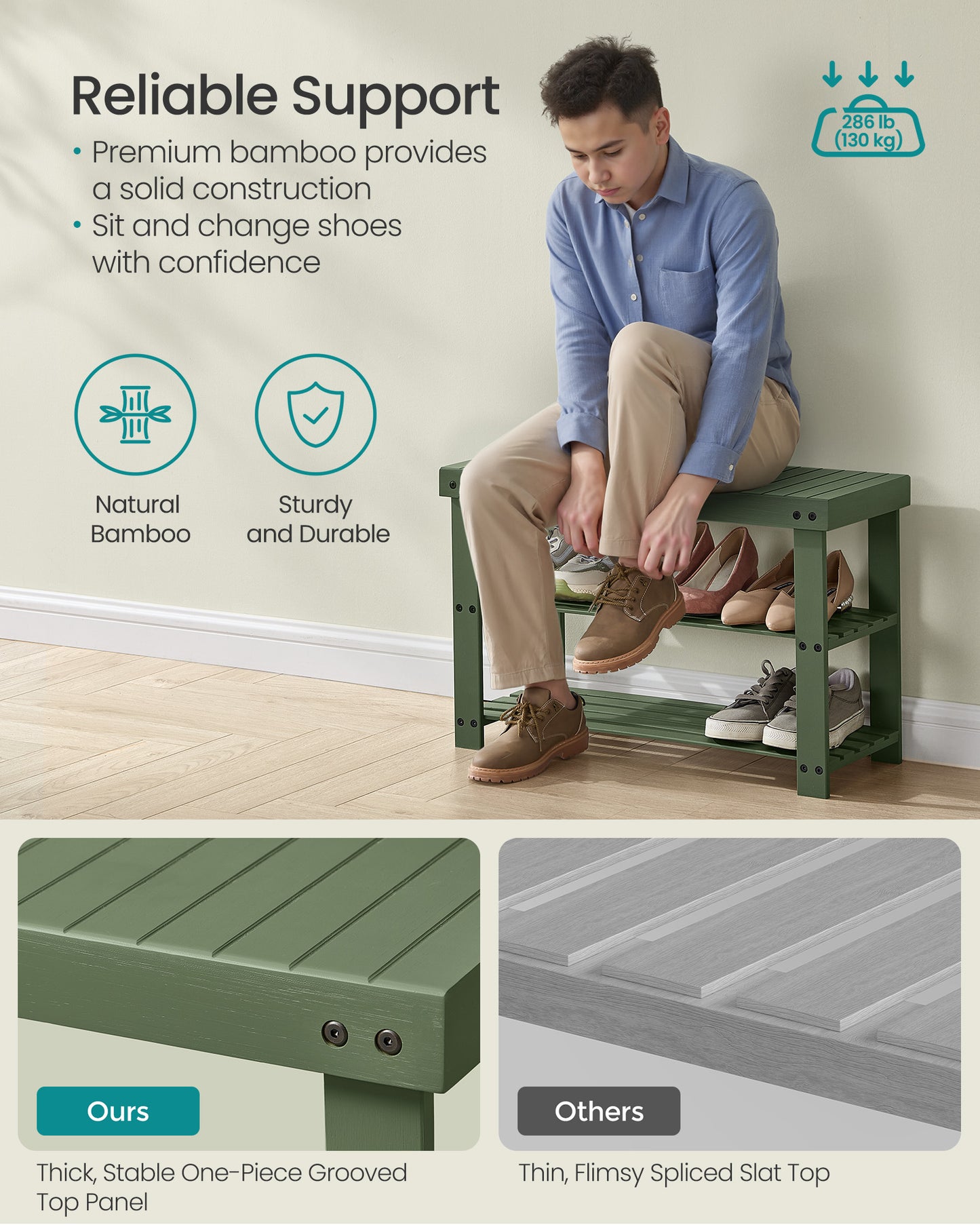 Forest Green 3 - Tier Bamboo Shoe Rack Bench - Entryway Bench with Storage. Holds Up to 286 lb, 11.3 x 27.6 x 17.8 Inches