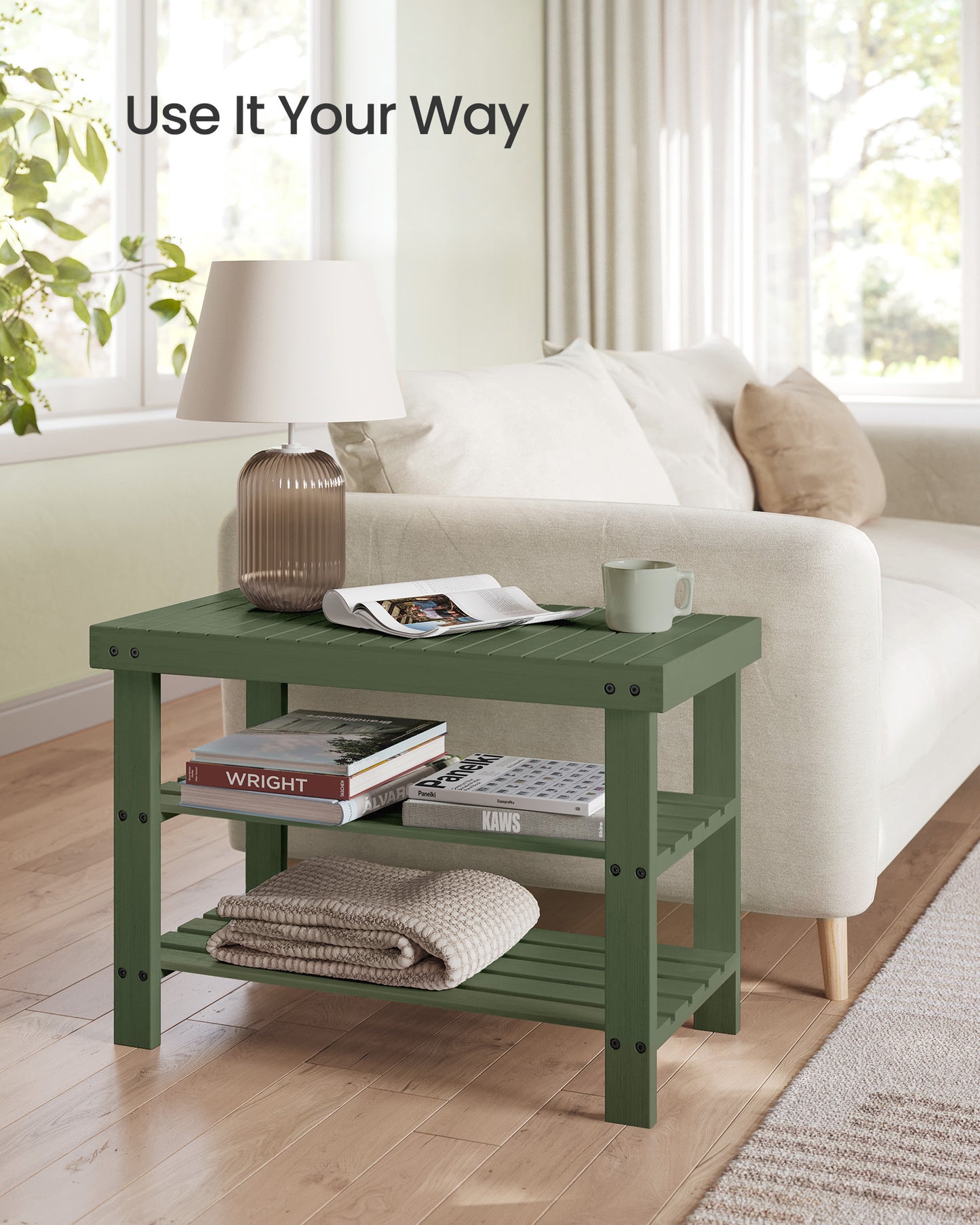 Forest Green 3 - Tier Bamboo Shoe Rack Bench - Entryway Bench with Storage. Holds Up to 286 lb, 11.3 x 27.6 x 17.8 Inches