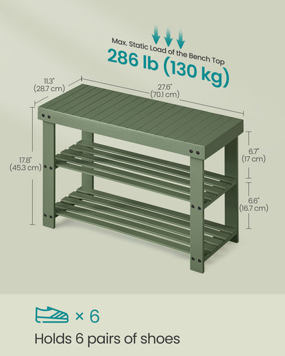 Forest Green 3 - Tier Bamboo Shoe Rack Bench - Entryway Bench with Storage. Holds Up to 286 lb, 11.3 x 27.6 x 17.8 Inches