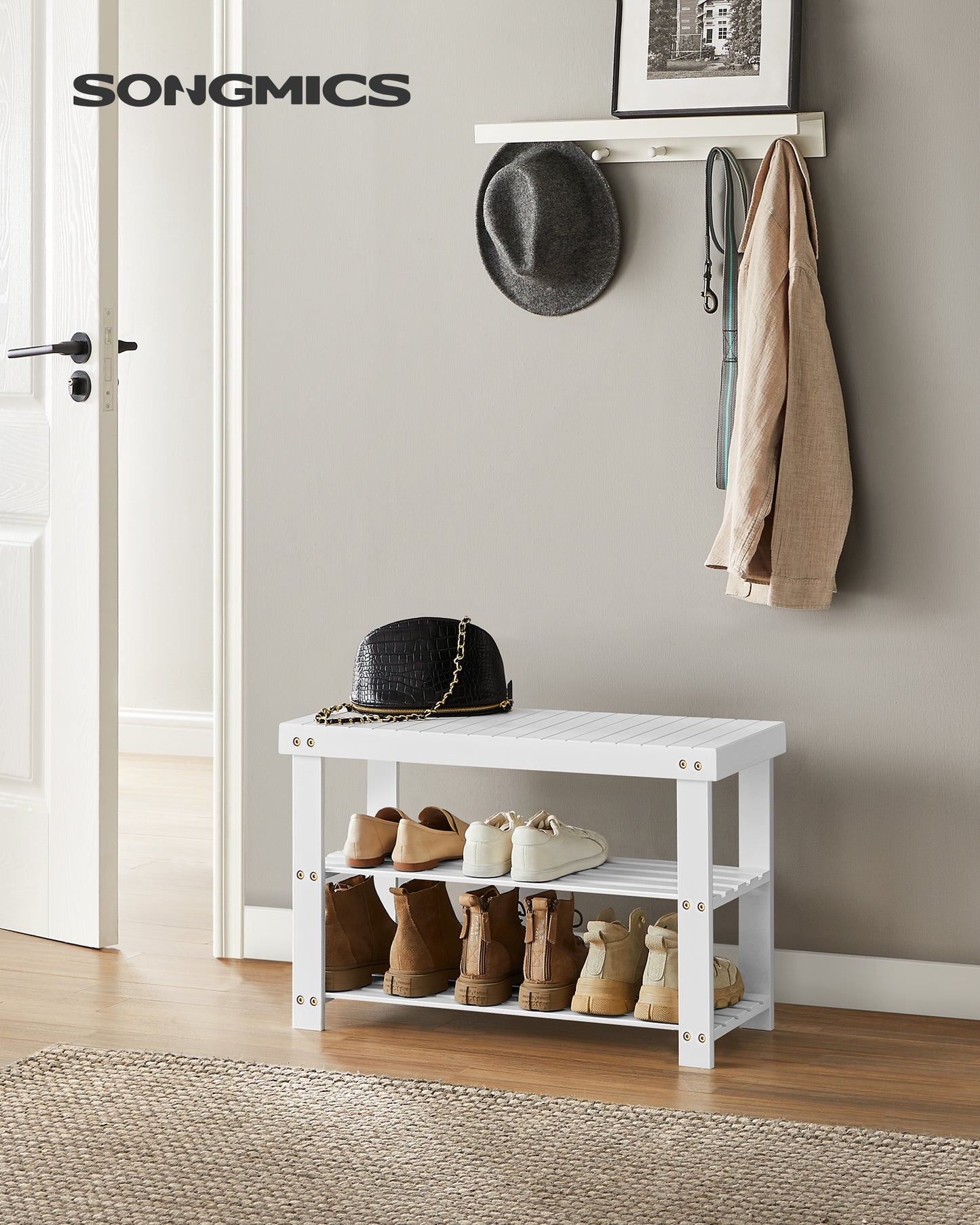 Shoe Rack Bench, 3-Tier Bamboo Shoe Storage Organizer, Entryway Bench, Holds Up to 286 lb, 11.3 x 27.6 x 17.8 Inches, for Entryway Bathroom Bedroom
