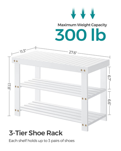 Shoe Rack Bench, 3-Tier Bamboo Shoe Storage Organizer, Entryway Bench, Holds Up to 286 lb, 11.3 x 27.6 x 17.8 Inches, for Entryway Bathroom Bedroom