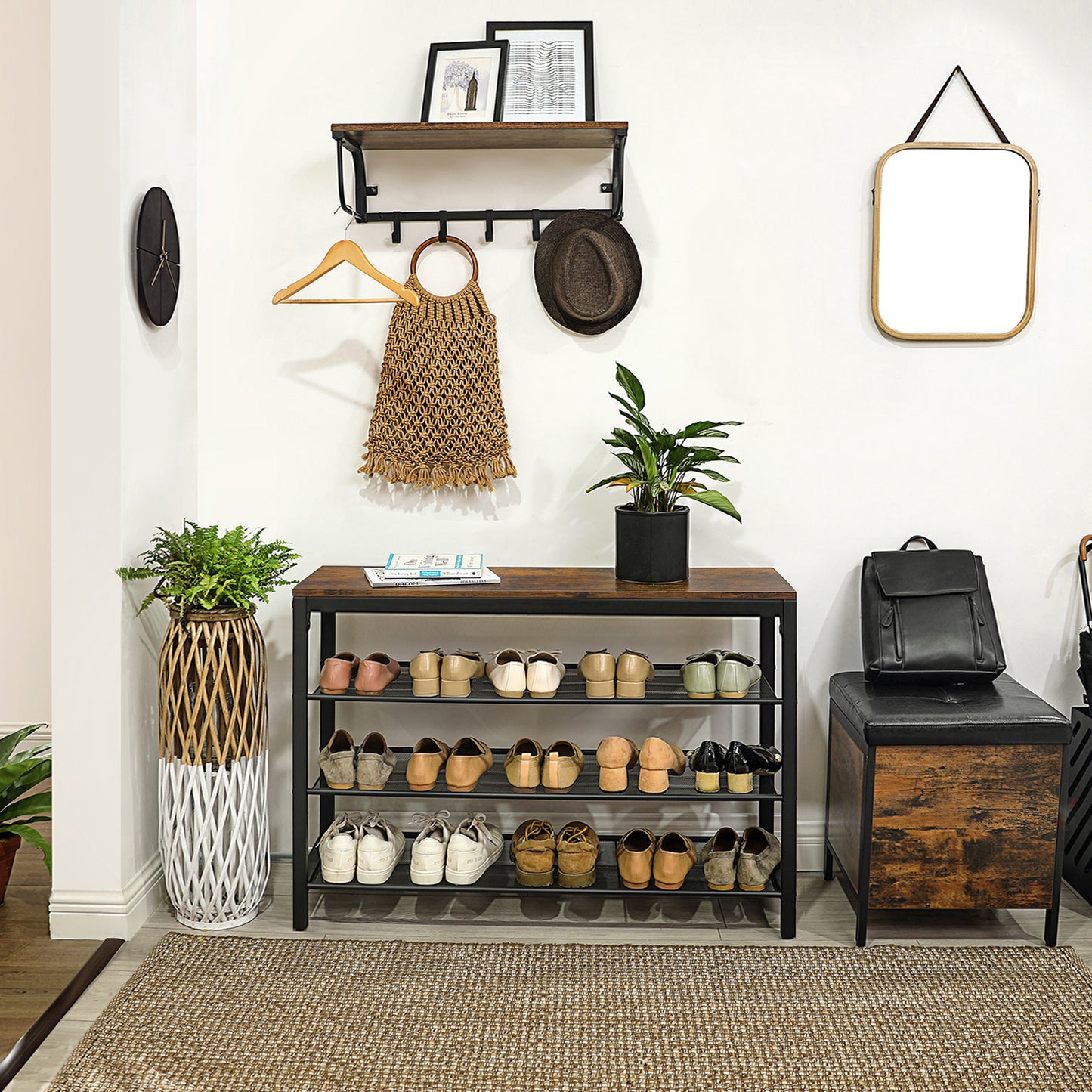 VASAGLE 4 Tier Shoe Rack, 16-20 Pairs of Shoes, Rustic Brown and Black