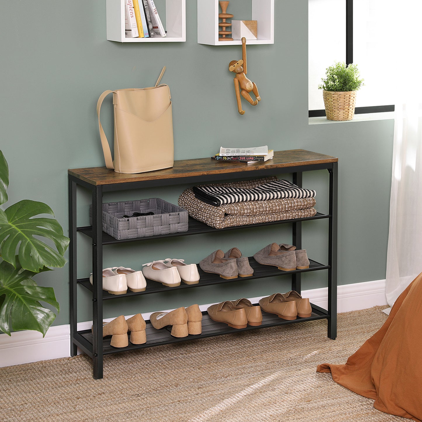 VASAGLE 4 Tier Shoe Rack, 16-20 Pairs of Shoes, Rustic Brown and Black
