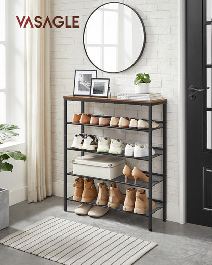 Shoe Rack, 5-Tier Shoe Storage Organizer with 4 Metal Mesh Shelves for 16-20 Pairs and Large Surface for Bags, for Entryway, decorative shoe rack
