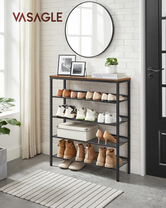 Shoe Rack, 5-Tier Shoe Storage Organizer with 4 Metal Mesh Shelves for 16-20 Pairs and Large Surface for Bags, for Entryway, decorative shoe rack