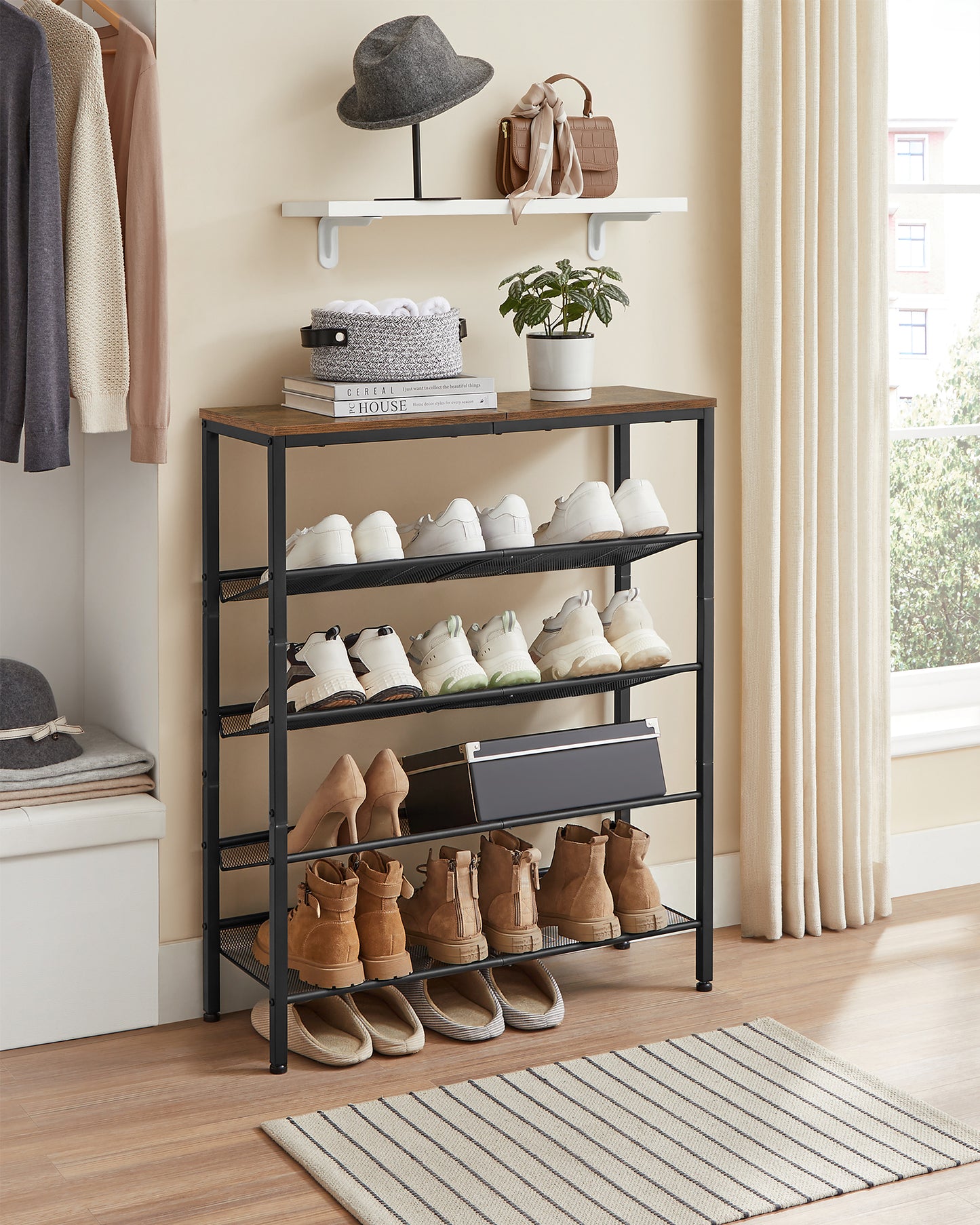 Shoe Rack, 5-Tier Shoe Storage Organizer with 4 Metal Mesh Shelves for 16-20 Pairs and Large Surface for Bags, for Entryway, decorative shoe rack