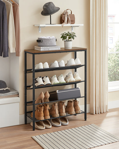 Shoe Rack, 5-Tier Shoe Storage Organizer with 4 Metal Mesh Shelves for 16-20 Pairs and Large Surface for Bags, for Entryway, decorative shoe rack