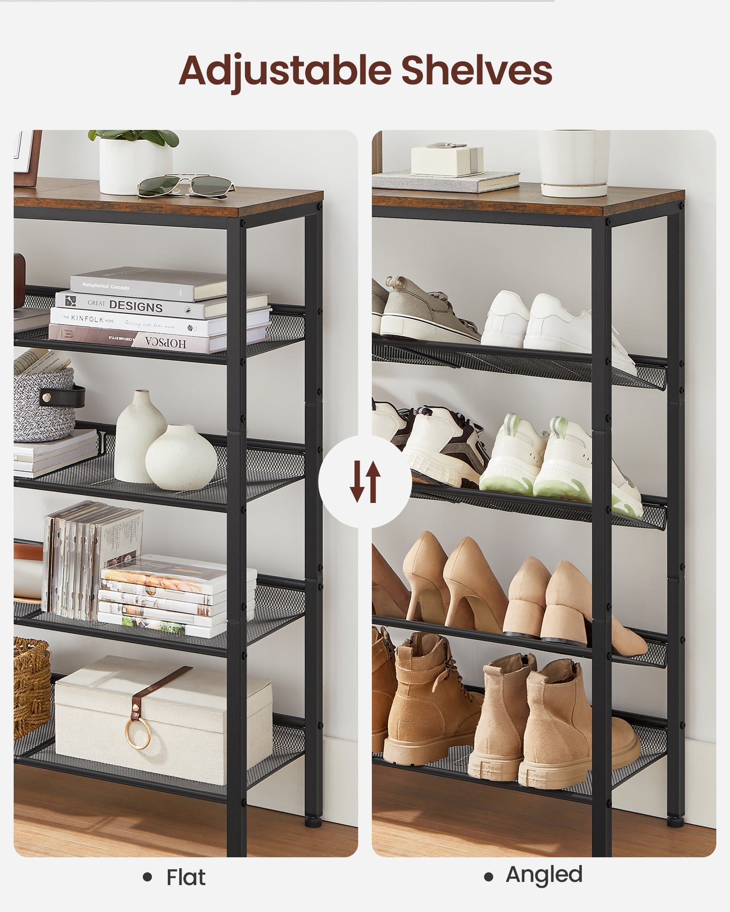 VASAGLE 5 Tier Shoe Rack for Entryway - Industrial Style Shoe Storage Organizer for 16-20 Pairs - Sturdy Wooden Top, Steel Frame - Rustic Brown/Black