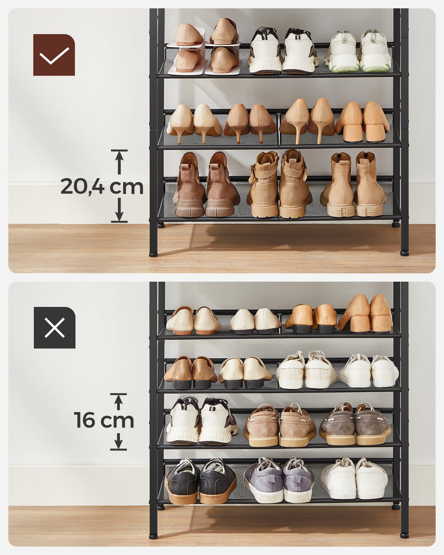 VASAGLE 5 Tier Shoe Rack for Entryway - Industrial Style Shoe Storage Organizer for 16-20 Pairs - Sturdy Wooden Top, Steel Frame - Rustic Brown/Black