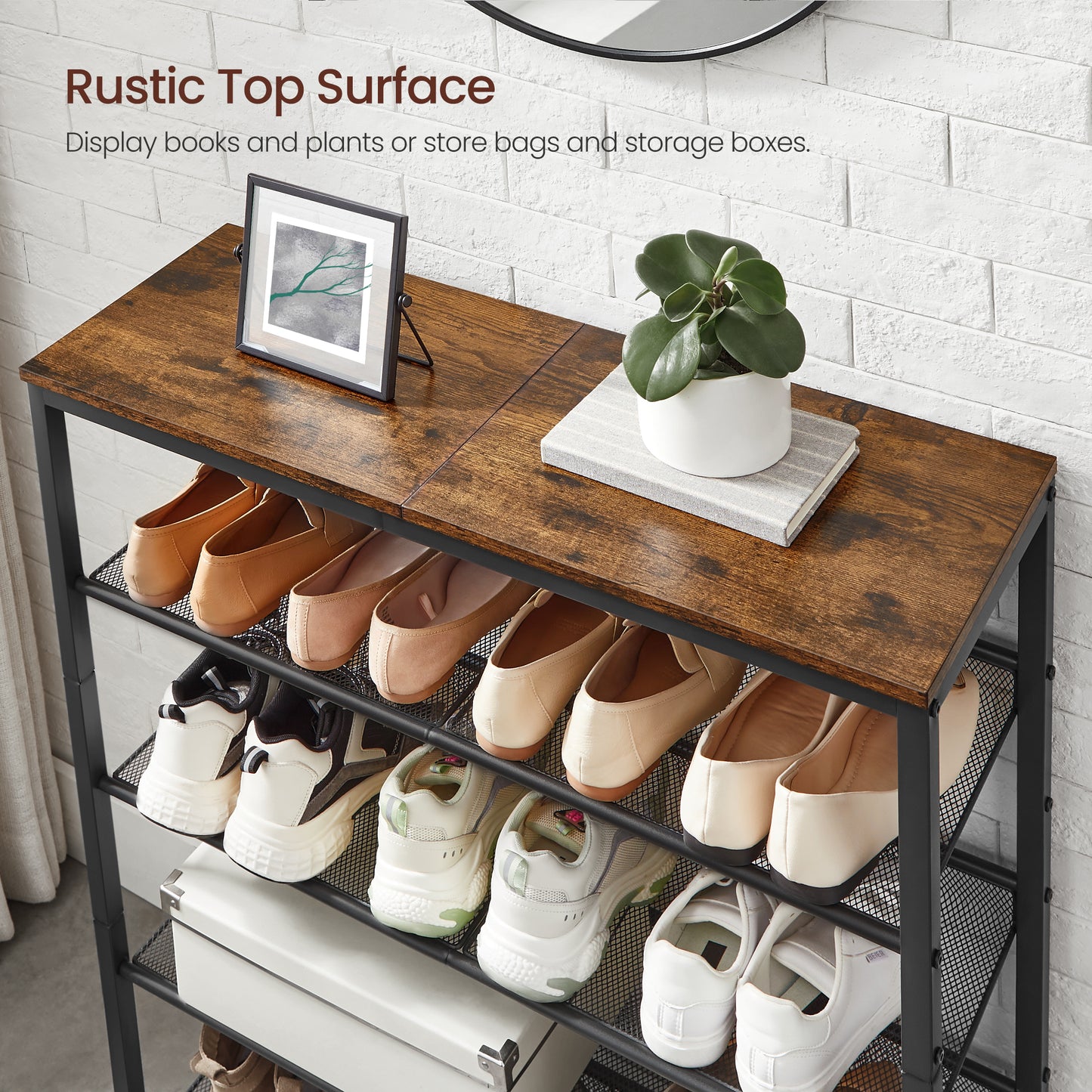 VASAGLE 5 Tier Shoe Rack for Entryway - Industrial Style Shoe Storage Organizer for 16-20 Pairs - Sturdy Wooden Top, Steel Frame - Rustic Brown/Black