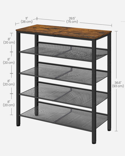 Shoe Rack, 5-Tier Shoe Storage Organizer with 4 Metal Mesh Shelves for 16-20 Pairs and Large Surface for Bags, for Entryway, decorative shoe rack