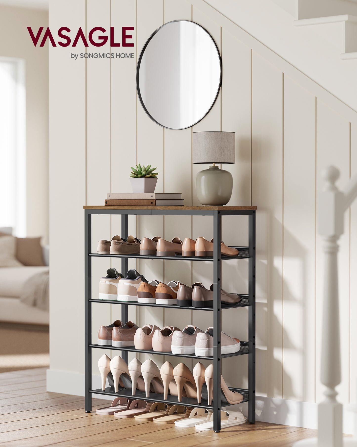 Shoe Rack, 5-Tier Shoe Storage Organizer with 4 Metal Mesh Shelves for 16-20 Pairs and Large Surface for Bags, for Entryway, decorative shoe rack
