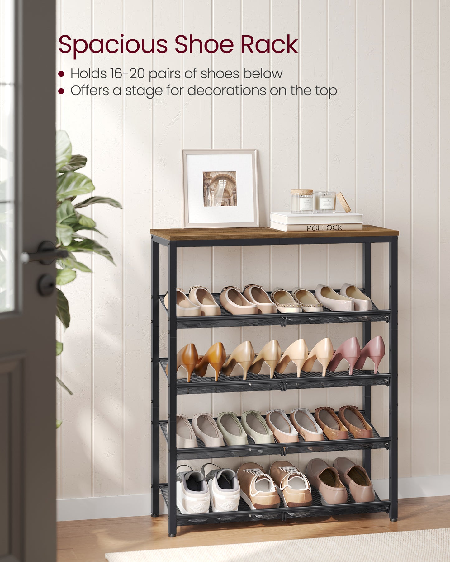 Shoe Rack, 5-Tier Shoe Storage Organizer with 4 Metal Mesh Shelves for 16-20 Pairs and Large Surface for Bags, for Entryway, decorative shoe rack