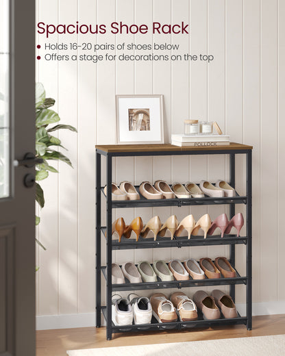 Shoe Rack, 5-Tier Shoe Storage Organizer with 4 Metal Mesh Shelves for 16-20 Pairs and Large Surface for Bags, for Entryway, decorative shoe rack