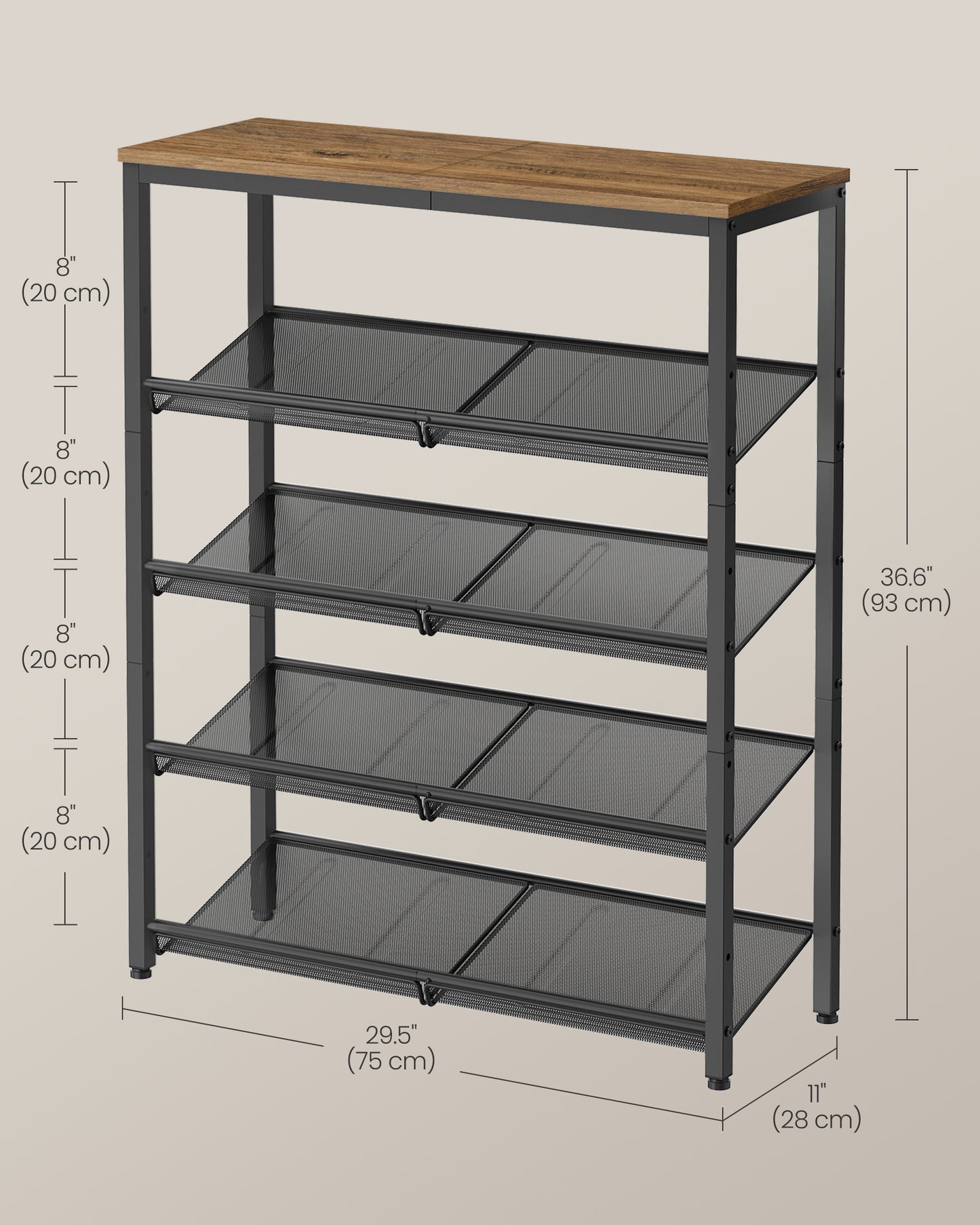 VASAGLE Shoe Rack, 5 Tier Shoe Storage Shelves, 16-20 Pairs Shoe Organizer, with Sturdy Wooden Top and Steel Frame，Honey Brown and Ink Black