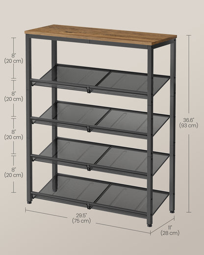 Shoe Rack, 5-Tier Shoe Storage Organizer with 4 Metal Mesh Shelves for 16-20 Pairs and Large Surface for Bags, for Entryway, decorative shoe rack