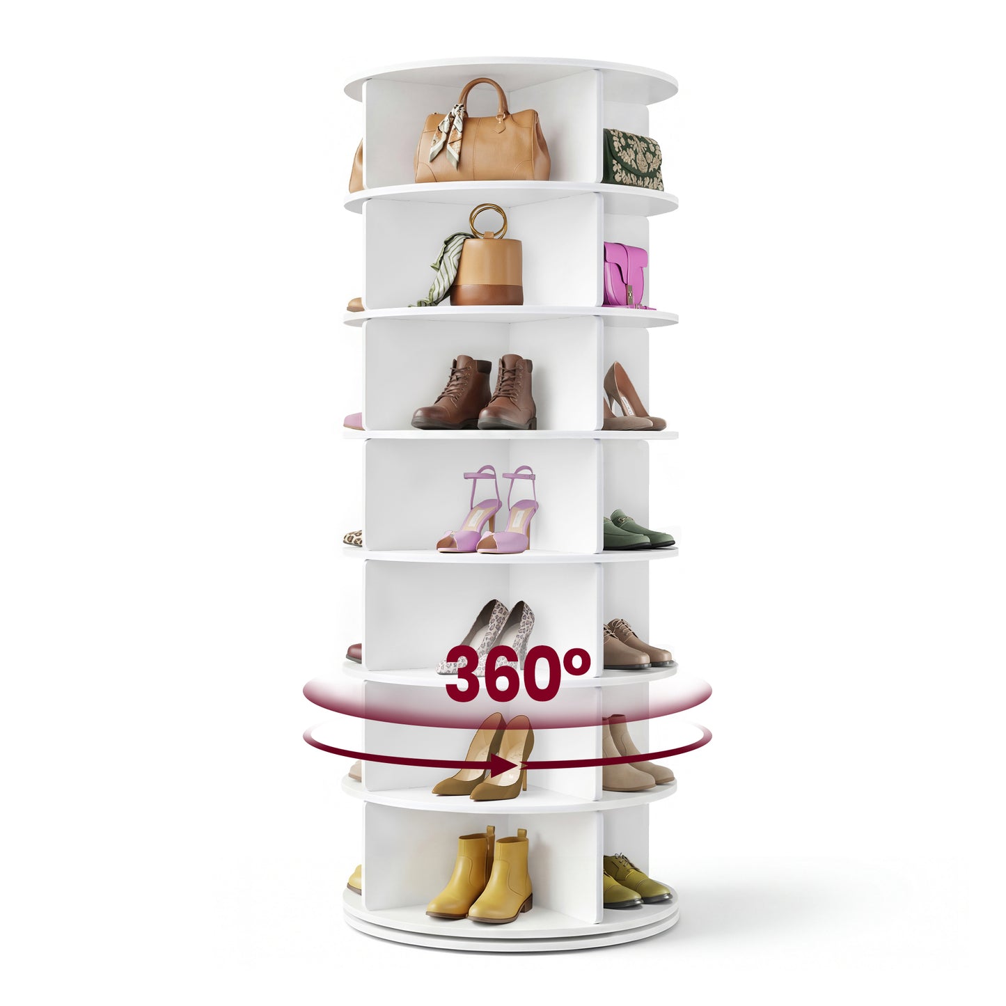 VASAGLE 7-Tier Rotating Shoe Rack Tower, Free Standing 360 Degree Spinning Shoe Organizer, Lazy Susan Bag Display Storage Rack, White