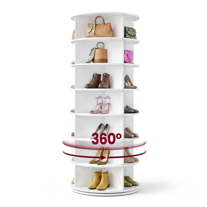 VASAGLE 7-Tier Rotating Shoe Rack Tower, Free Standing 360 Degree Spinning Shoe Organizer, Lazy Susan Bag Display Storage Rack, White