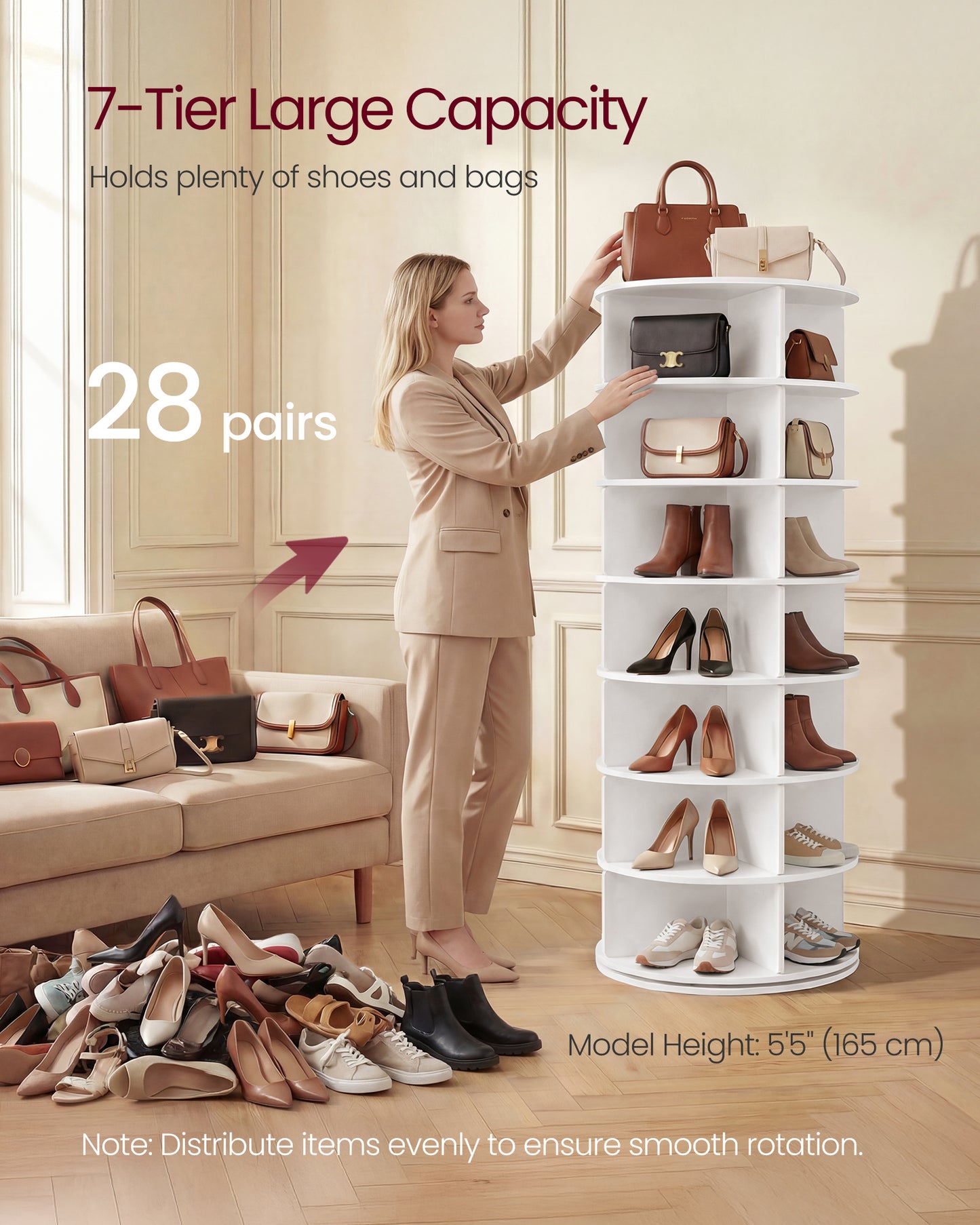 VASAGLE 7-Tier Rotating Shoe Rack Tower, Free Standing 360 Degree Spinning Shoe Organizer, Lazy Susan Bag Display Storage Rack, White