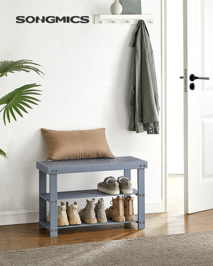 Shoe Rack Bench, 3-Tier Bamboo Shoe Storage Organizer, Entryway Bench Haze Blue
