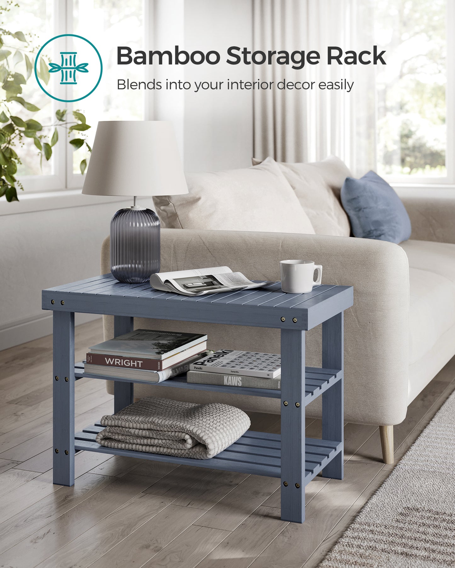Shoe Rack Bench, 3-Tier Bamboo Shoe Storage Organizer, Entryway Bench Haze Blue