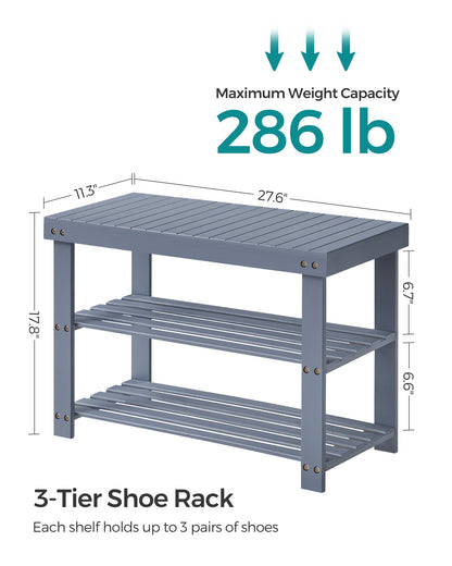 Shoe Rack Bench, 3-Tier Bamboo Shoe Storage Organizer, Entryway Bench Haze Blue