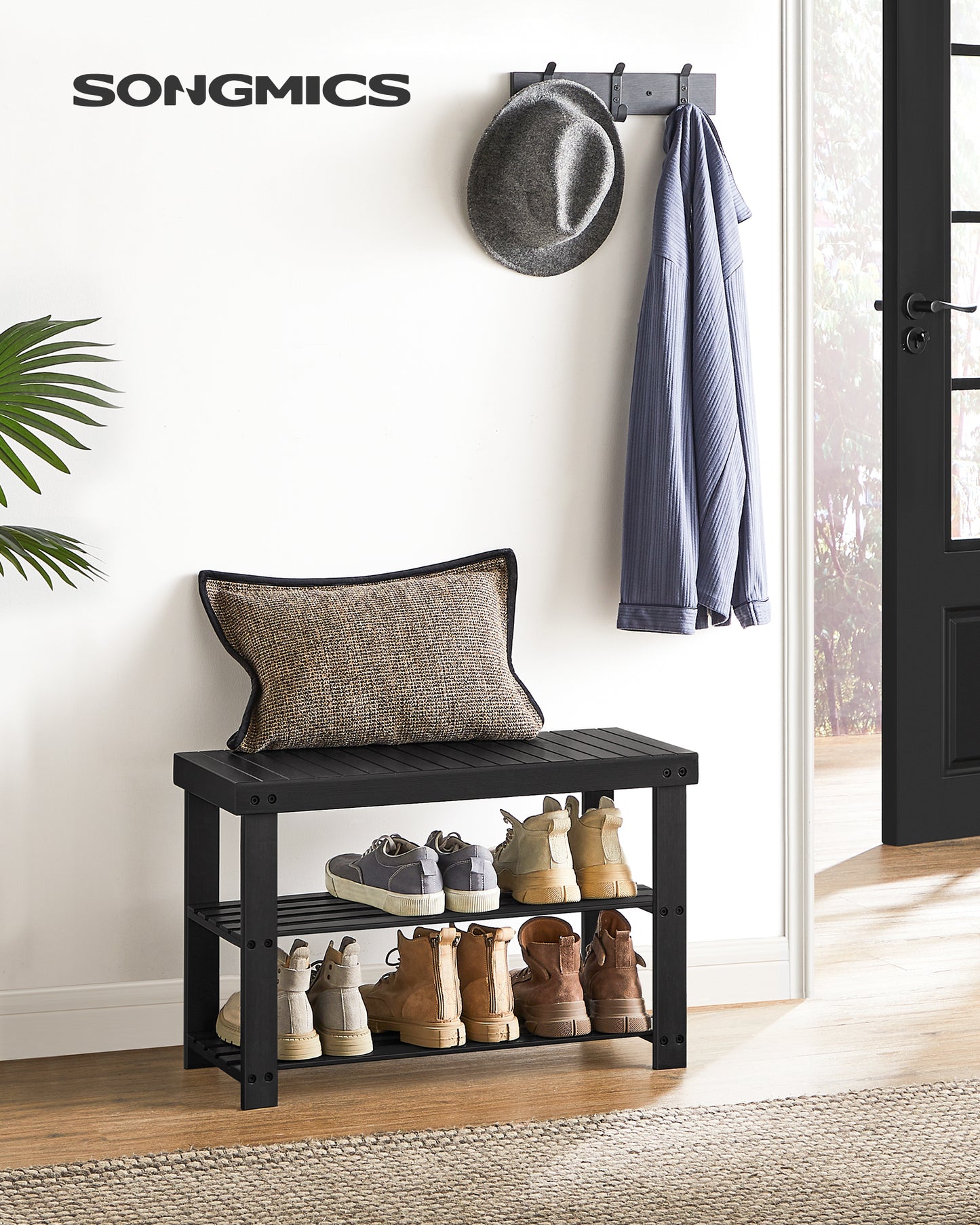 Shoe Rack Bench, 3-Tier Bamboo Shoe Storage Organizer, Entryway Bench Black