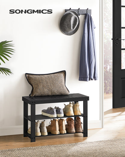 Shoe Rack Bench, 3-Tier Bamboo Shoe Storage Organizer, Entryway Bench Black
