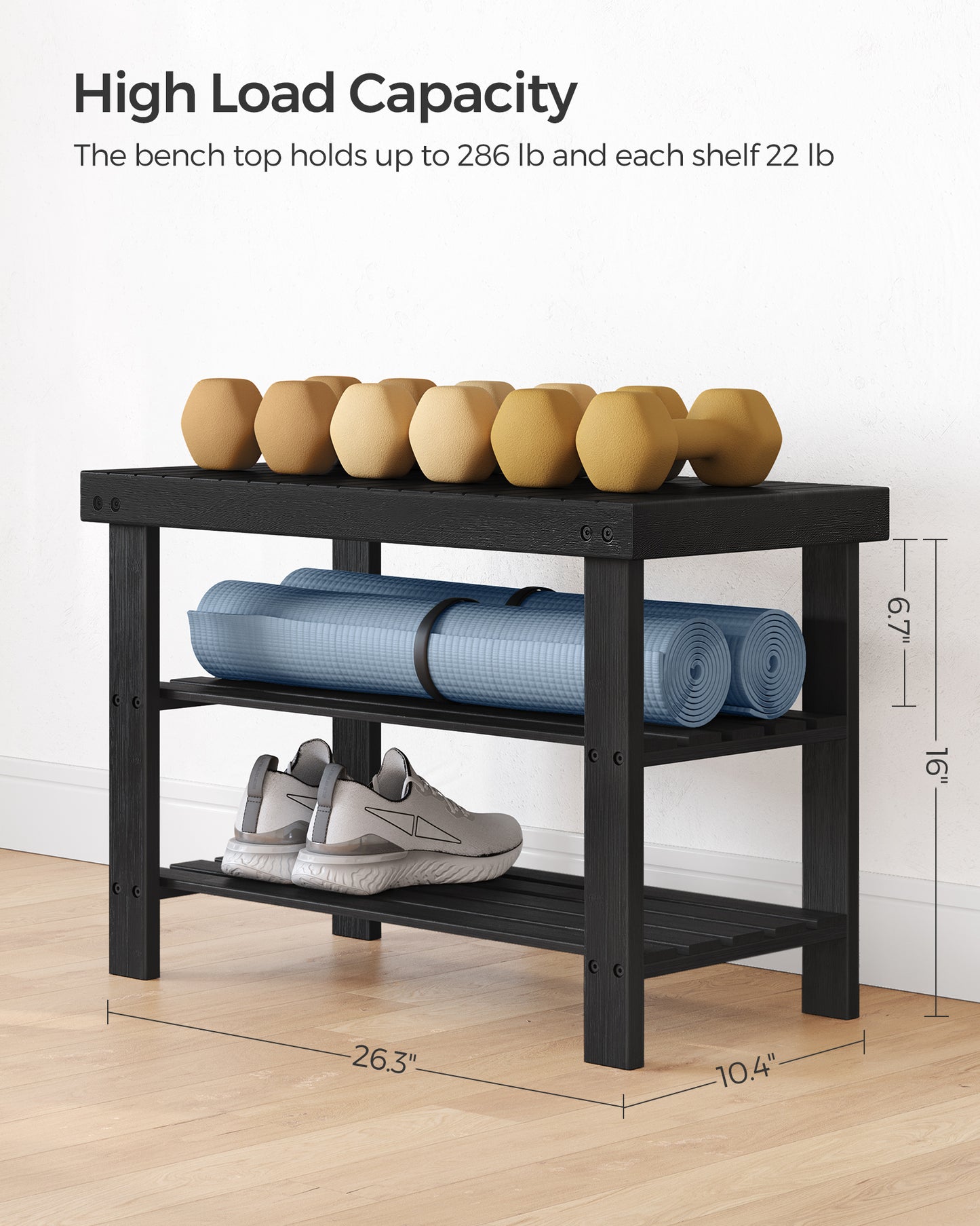 Shoe Rack Bench, 3-Tier Bamboo Shoe Storage Organizer, Entryway Bench Black