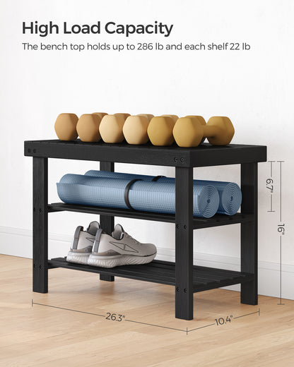 Shoe Rack Bench, 3-Tier Bamboo Shoe Storage Organizer, Entryway Bench Black
