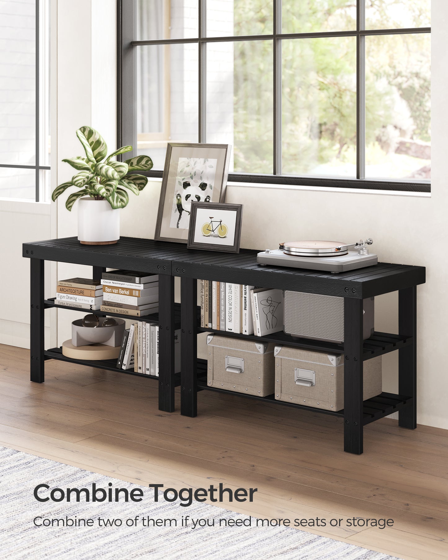 Shoe Rack Bench, 3-Tier Bamboo Shoe Storage Organizer, Entryway Bench Black