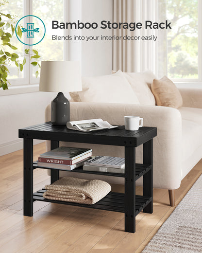 Shoe Rack Bench, 3-Tier Bamboo Shoe Storage Organizer, Entryway Bench Black