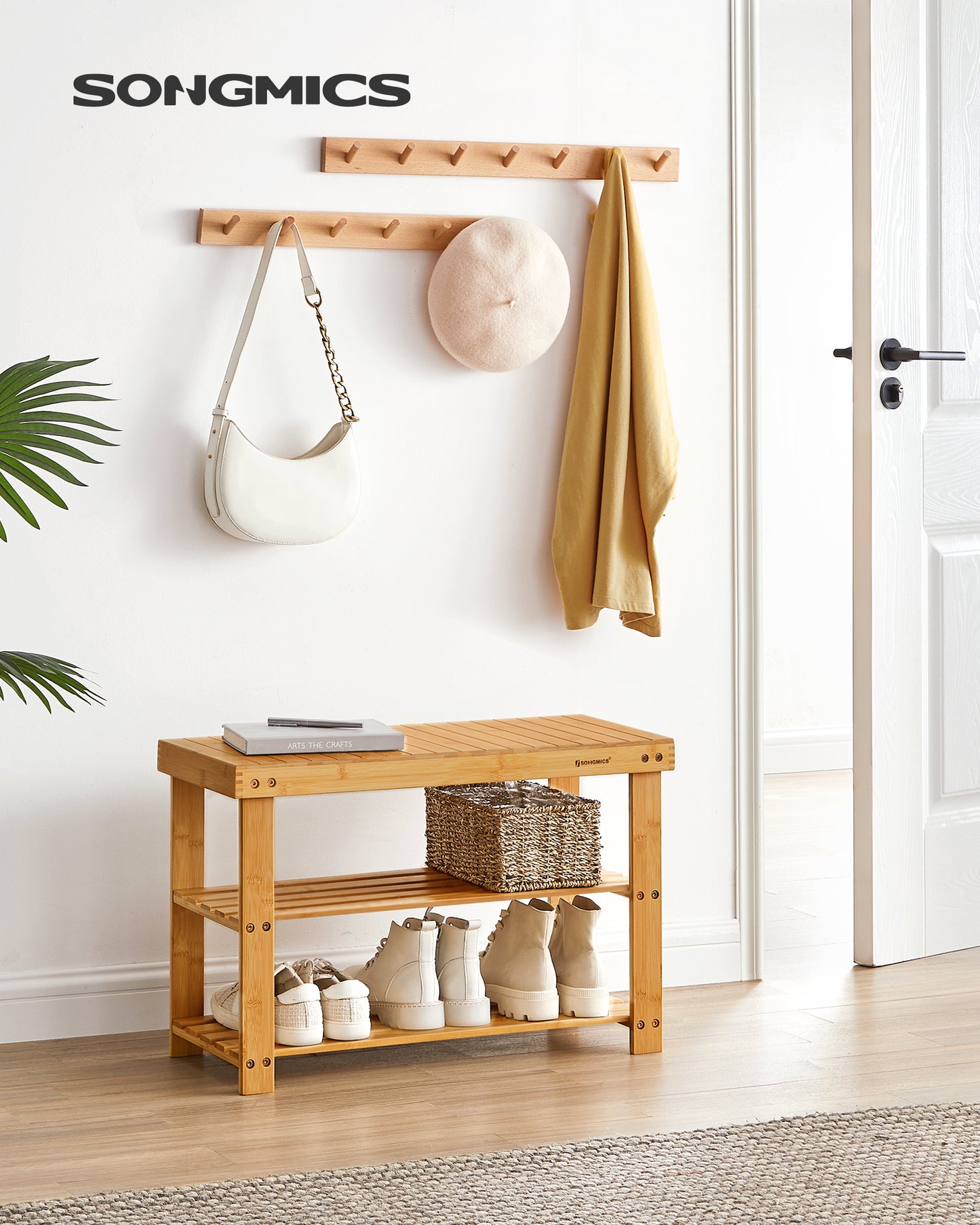 SONGMICS Shoe Rack Bench 3-Tier Bamboo Shoe Organizer for Entryway,Natural