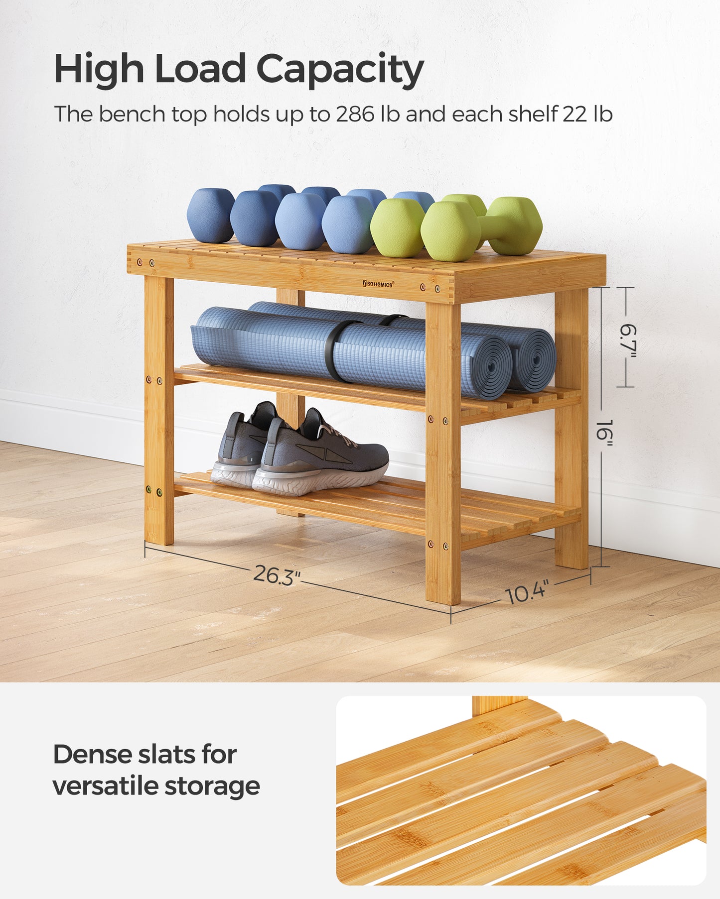Shoe Rack Bench, 3-Tier Bamboo Shoe Storage Organizer, Entryway Bench, Holds Up to 286 lb, 11.3 x 27.6 x 17.8 Inches, for Entryway Bathroom Bedroom