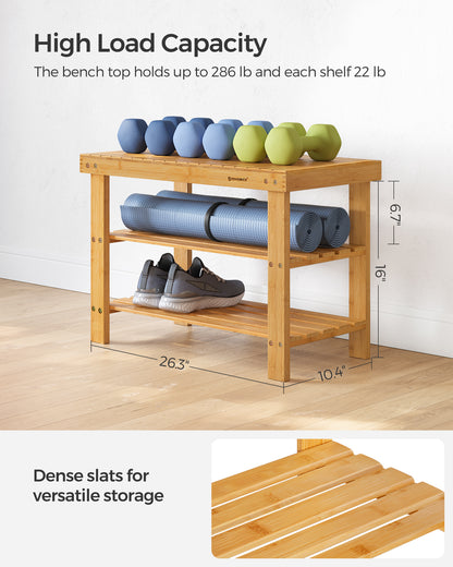 Shoe Rack Bench, 3-Tier Bamboo Shoe Storage Organizer, Entryway Bench, Holds Up to 286 lb, 11.3 x 27.6 x 17.8 Inches, for Entryway Bathroom Bedroom