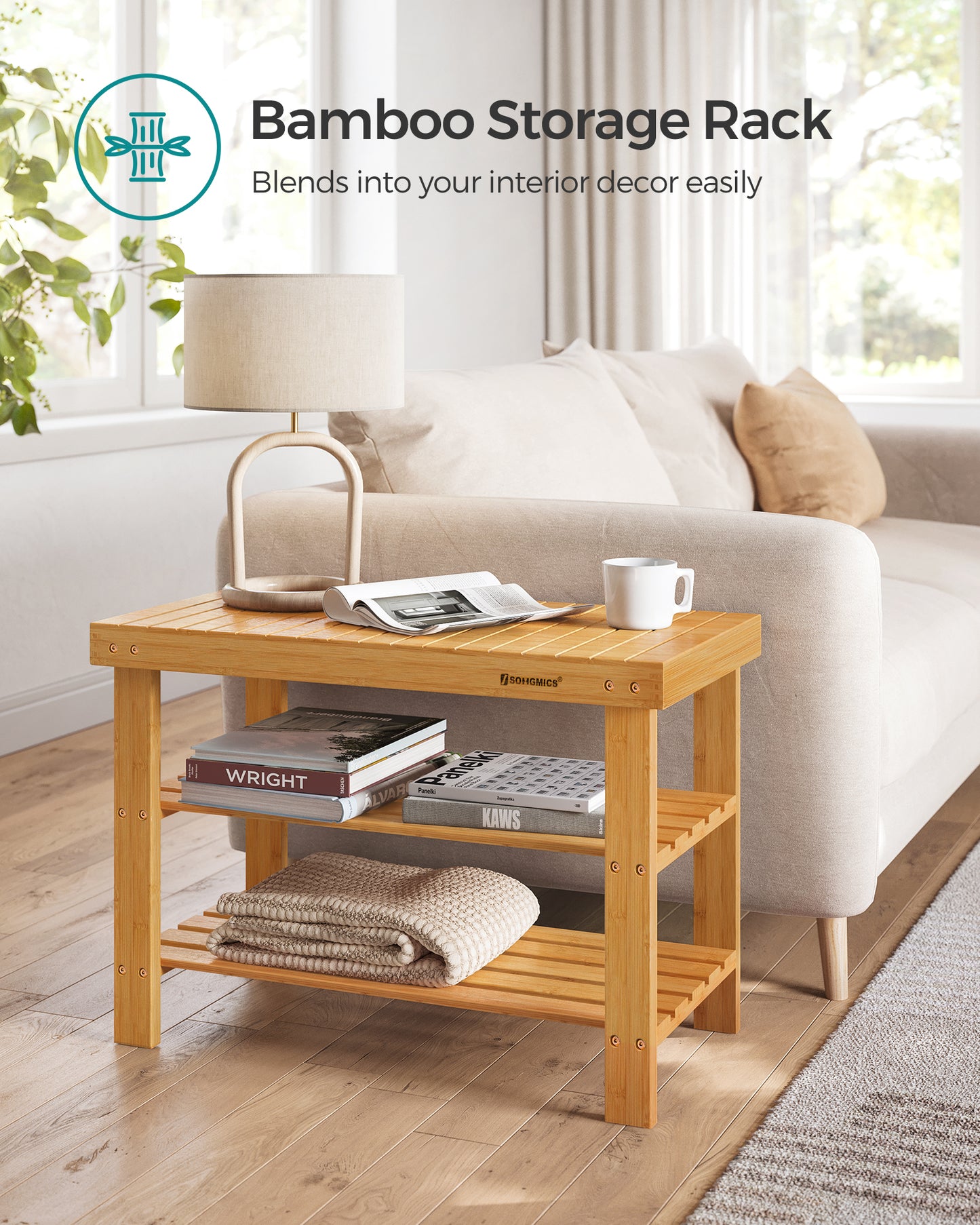 Shoe Rack Bench, 3-Tier Bamboo Shoe Storage Organizer, Entryway Bench, Holds Up to 286 lb, 11.3 x 27.6 x 17.8 Inches, for Entryway Bathroom Bedroom